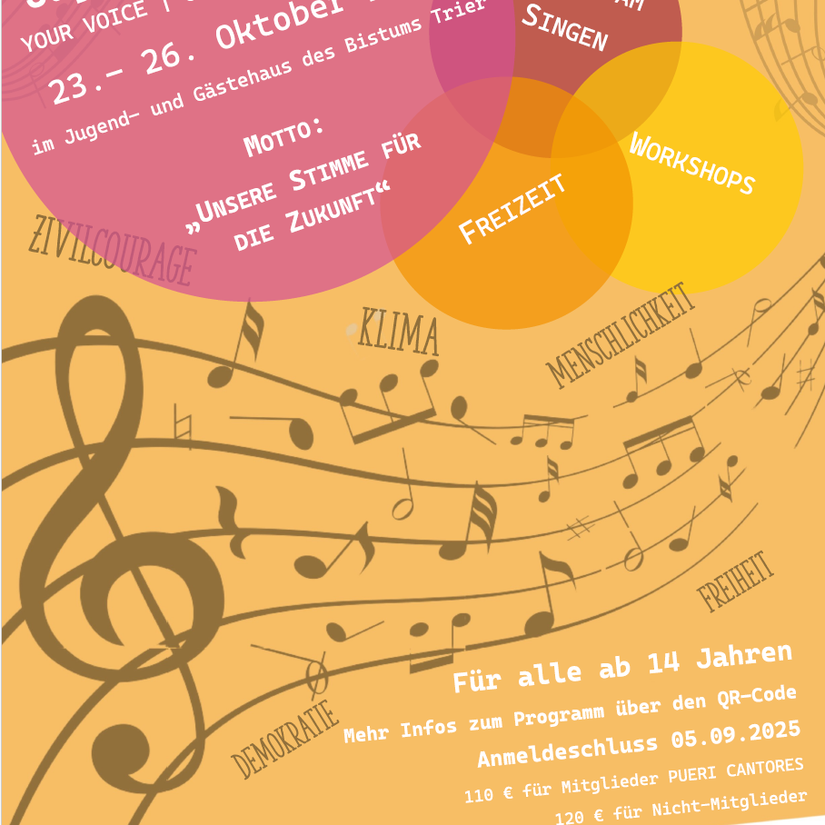 Plakat der Jugendsingfreizeit mit Notenschlüssel und vielen Noten, die durcheinander auf der Notenlinie tanzen